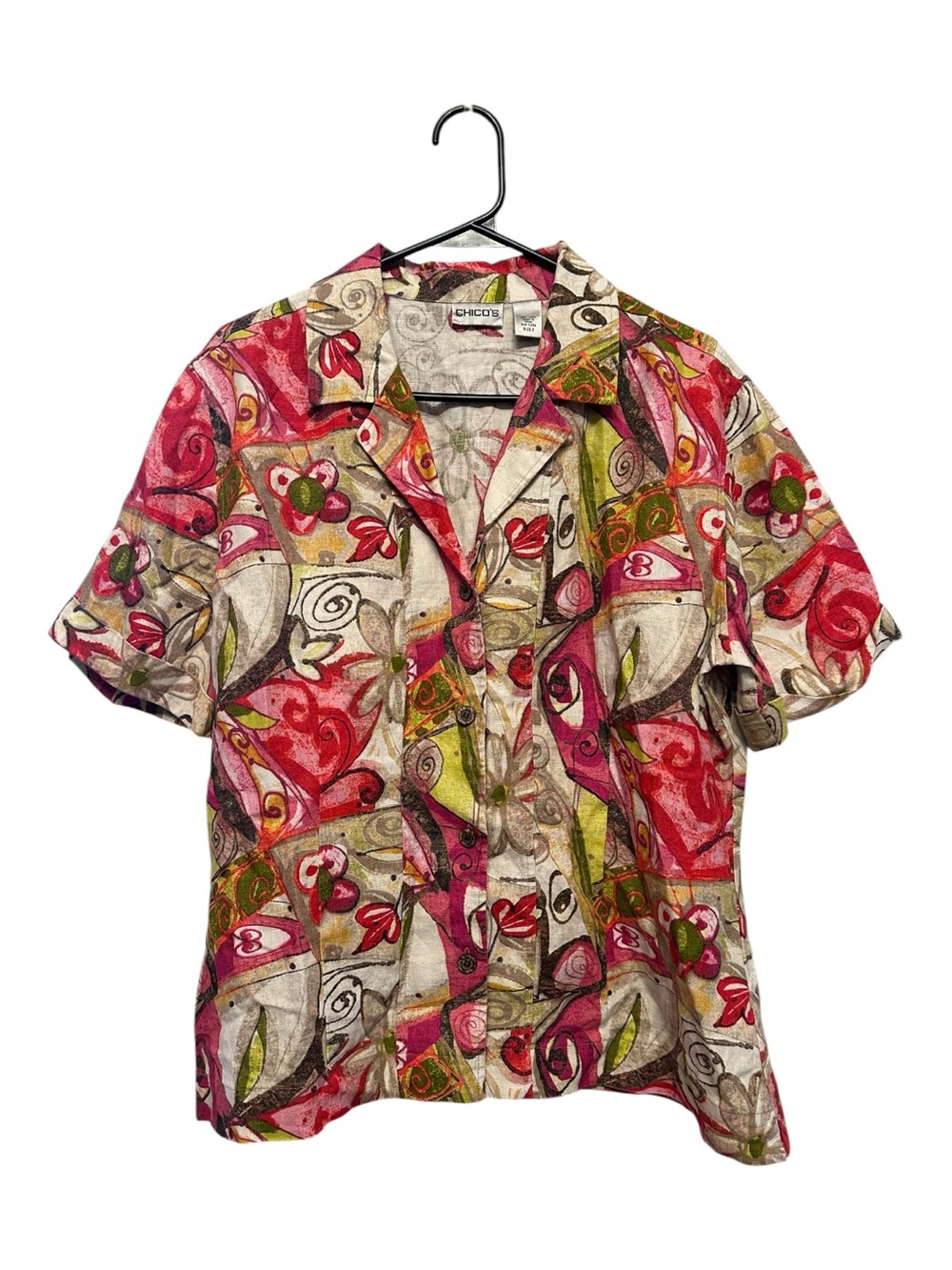 Vintage Y2K Chicos Button-Down Short Sleeve Shirt in Pink, Green & Cream Large